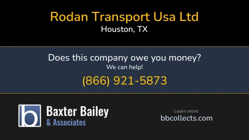 Rodan Transport Usa Ltd Aveda Transportation And Energy Services 333 N Sam Houston Pkwy E Houston, TX DOT:1786905 MC:651040 MC:651040 1 (832) 213-7938 1 (832) 604-9267 1 (832) 917-4950