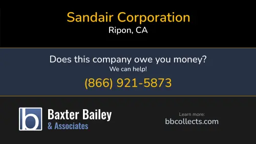 Sandair Corporation California Freight Sales www.calfreight.com PO Box  365 Ripon, CA DOT:2214309 MC:213456 1 (209) 599-5418 1 (800) 729-6770 1 (866) 225-5808 1 (925) 825-2486