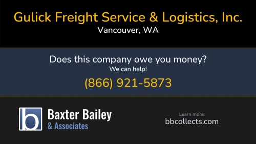 Gulick Freight Service & Logistics, Inc. gulicklogistics.com 1010 Grand Blvd Vancouver, WA DOT:2225655 MC:370393 1 (208) 649-5023 1 (360) 693-5131