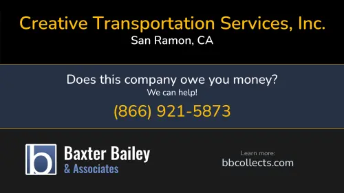 Creative Transportation Services, Inc. www.creative-trans.com 2411 Old Crow Canyon Rd San Ramon, CA DOT:2226511 MC:385535 1 (800) 565-0307 1 (925) 362-8666