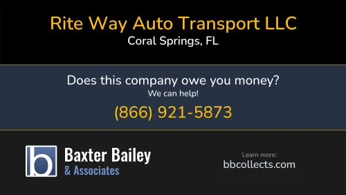 Rite Way Auto Transport LLC www.ritewayautotransport.com 7504 Wiles Rd Coral Springs, FL DOT:2245444 MC:693761 1 (877) 688-8801 1 (954) 575-3207 1 (954) 688-4002