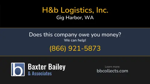 H&b Logistics, Inc. | 1 (206) 832-5091 H&b Logistics, Inc. www.windwalkerexpress.com 14701 Purdy Dr NW Gig Harbor, WA DOT:2864359 MC:960133 1 (206) 832-5091 1 (253) 514-8601
