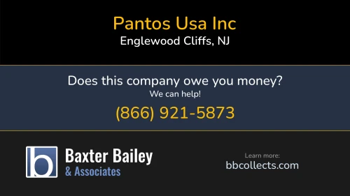 Pantos Usa Inc www.pantos.com 910 Sylvan Ave Englewood Cliffs, NJ DOT:2903282 MC:976999 1 (201) 266-2471 1 (201) 320-6560 1 (201) 367-0561 1 (213) 367-0557 1 (909) 302-5323