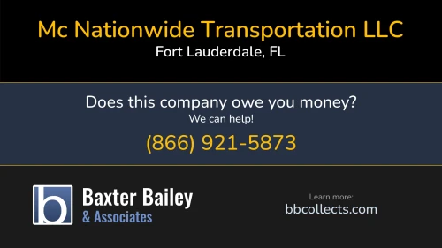 Mc Nationwide Transportation LLC support.mcnationwide.com 1919 NE 45th St Fort Lauderdale, FL DOT:2912603 MC:857159 1 (954) 263-3342 1 (954) 306-8310