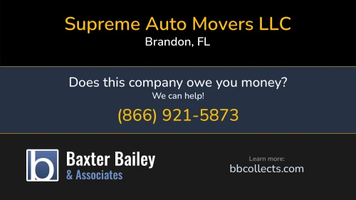 Supreme Auto Movers LLC Supreme Auto 308 Glendale Dr Brandon, FL DOT:3312953 MC:1052714 1 (813) 347-1882