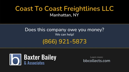 Coast To Coast Freightlines LLC 104 W 40th St Manhattan, NY DOT:3401871 MC:1095130 1 (917) 671-9850